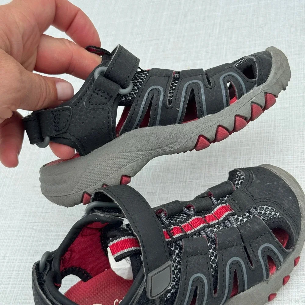 Boys Black & Red Sport Sandals Youth Water Shoes Adjustable‎ Hook Loop Straps 8